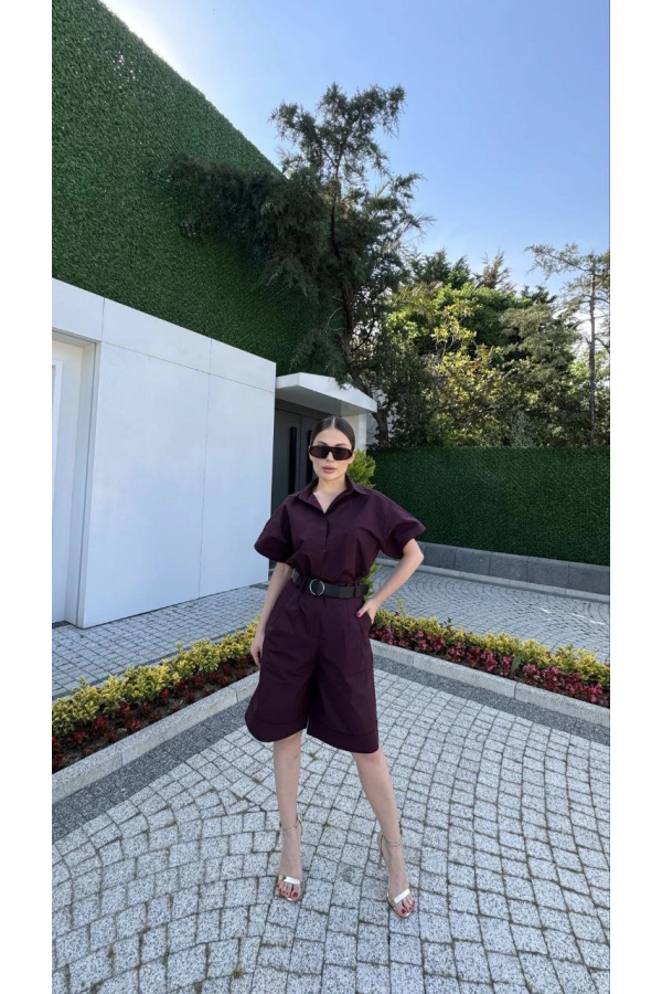 Velmora    Yakalı Gömlek Kemerli Şortlu Takım - Bordo -