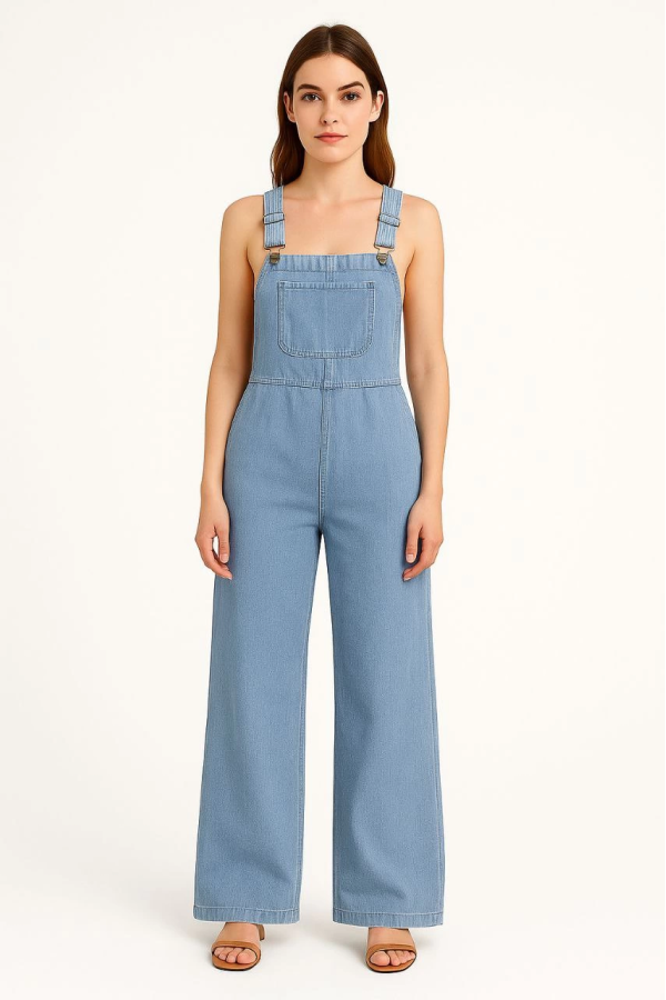 Velmora    Chambray Açık Mavi Denim Görünümlü Geniş Paça Salopet Tulum - Mavi -