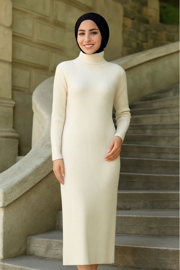 Kadın Tesettür Triko Elbise  - Beyaz -