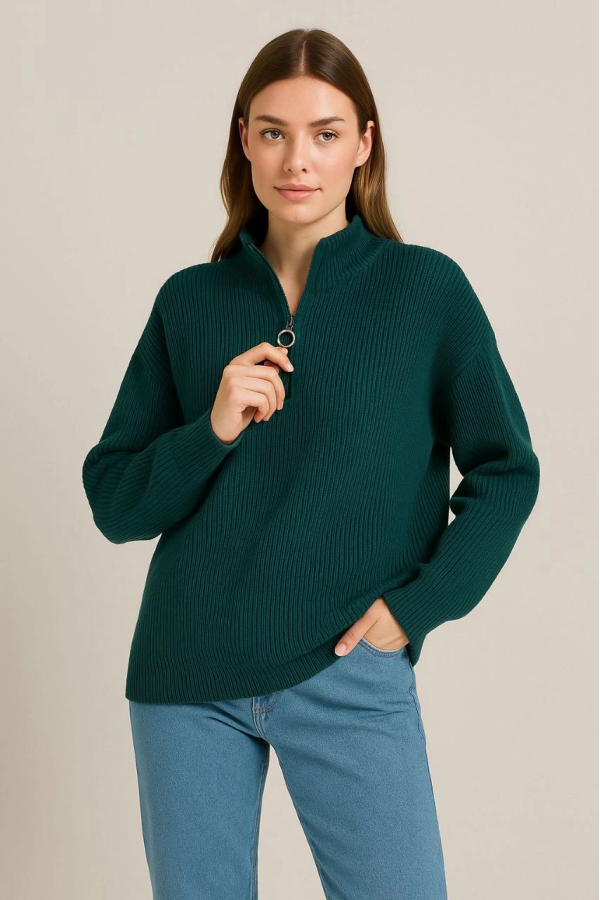 Velmora Yarım Fermuarlı Triko Kazak – Selanik Örgü, Dik Yaka, Pamuklu Dokuma, Oversize Uzun Kollu Kışlık Model - Haki