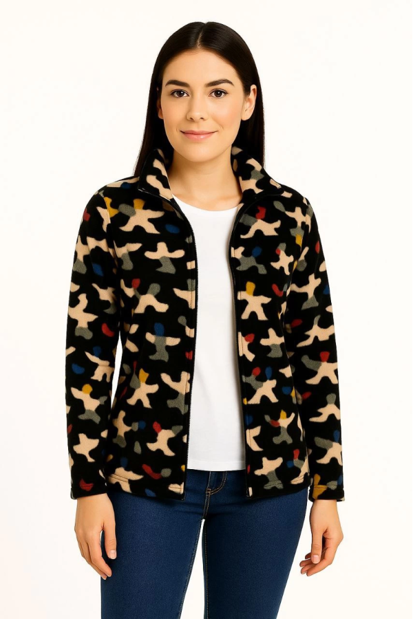 Velmora    Tam Fermuarlı Desenli Polar Sweat – Siyah Multicolor Figür Desen Yakalı, Uzun Kollu, Oversize Rahat Kalıp - Siyah