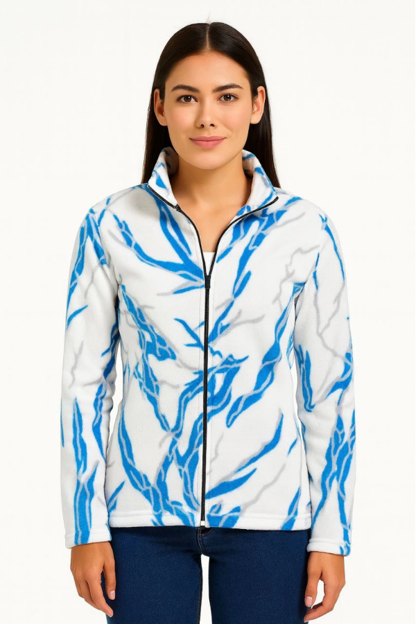 Velmora    Tam Fermuarlı Desenli Polar Sweat Lightning Desen Yakalı, Uzun Kollu, Oversize Rahat Kalıp - Beyaz