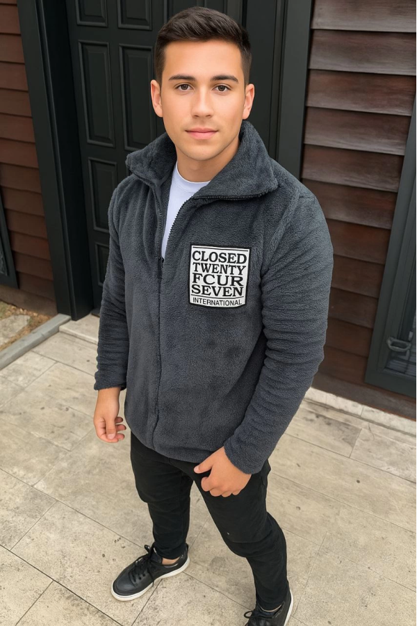 Velmora    Polar Fermuarlı Sweatshirt – Kapüşonsuz, Cepli, Yumuşak Dokulu, Oversize Rahat Kalıp, Kışlık Sıcak Tutan Fermuarlı Üst - Füme