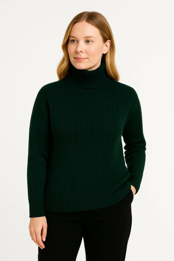 Velmora    Balıkcı Yaka Bağazlı Triko Kazak Pamuklu Kalın Fitilli Dokuma - Haki