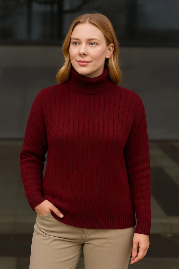 Velmora    Balıkcı Yaka Bağazlı Triko Kazak Pamuklu Kalın Fitilli Dokuma - Bordo