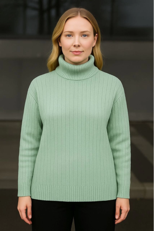 Velmora    Balıkcı Yaka Bağazlı Triko Kazak Pamuklu Kalın Fitilli Dokuma - Mint Yeşili
