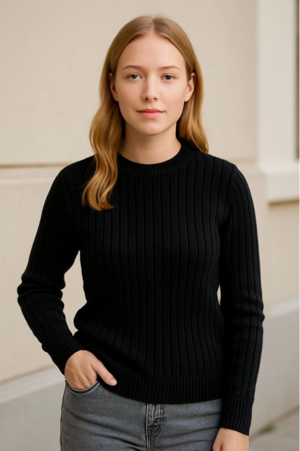 Velmora    Bisiklet Yuvarlak Yaka Triko Kazak Pamuklu Kalın Fitilli Dokuma, Regular Fit Uzun Kollu Kışlık Model - Siyah