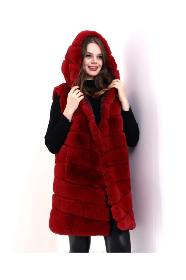 Velmora    Kapşonlu Peluş Kürk Yelek Premium Kalite, Tam Astarlı, Uzun Model - Kırmızı
