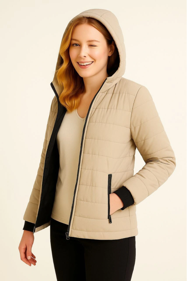 Velmora Şişme Kapüşonlu Fermuarlı Mont Su itici Kapitone Astarlı Kumaş Cepli Kışlık Rahat Kalıp - Bej