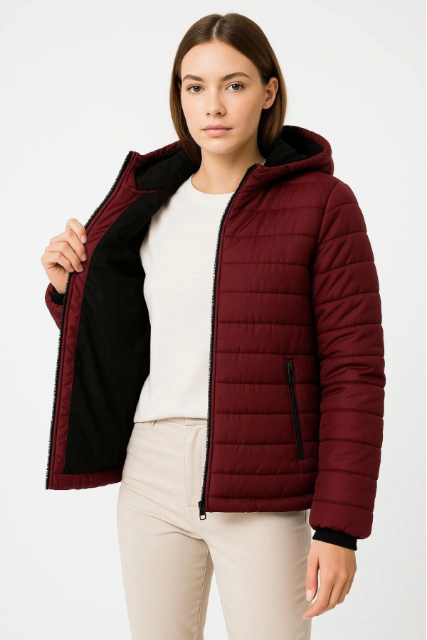 Velmora Şişme Kapüşonlu Fermuarlı Mont Su itici Kapitone Astarlı Kumaş Cepli Kışlık Rahat Kalıp - Bordo