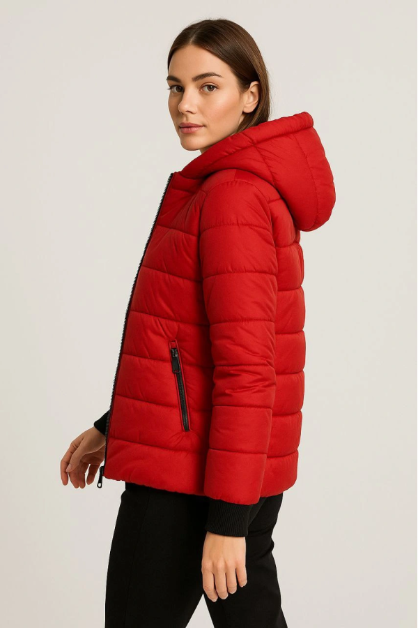 Şişme Kapüşonlu Fermuarlı Mont Su itici Kapitone Astarlı Kumaş Cepli Kışlık Rahat Kalıp - Kırmızı