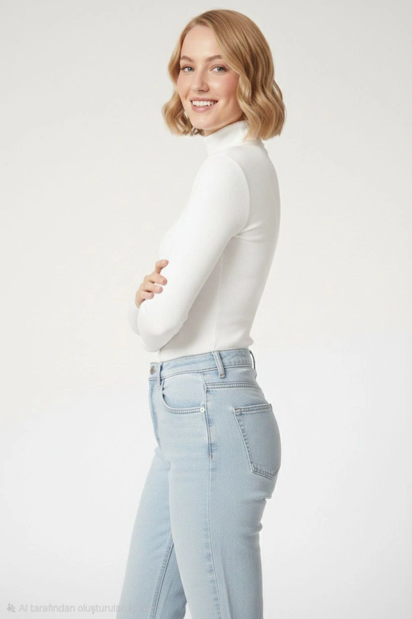 Velmora Premium Tam Boğazlı Fitilli Likrali Kaşkorse Badi İnce Uzun Kollu Kazak - Beyaz