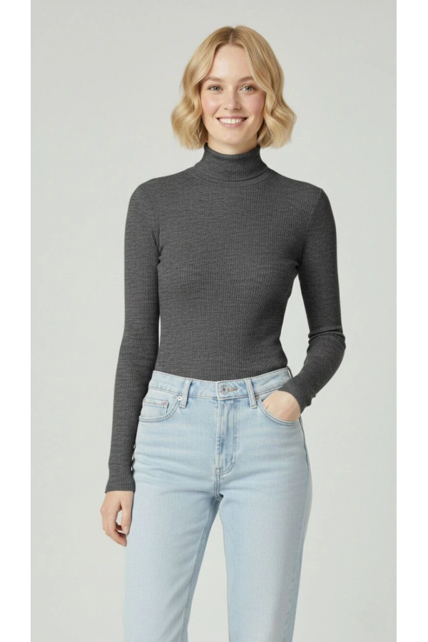 Velmora Premium Tam Boğazlı Fitilli Likrali Kaşkorse Badi İnce Uzun Kollu Kazak - Antrasit