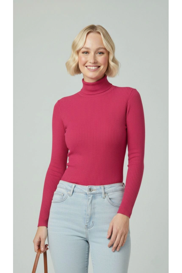 Velmora Premium Tam Boğazlı Fitilli Likrali Kaşkorse Badi İnce Uzun Kollu Kazak - Pembe