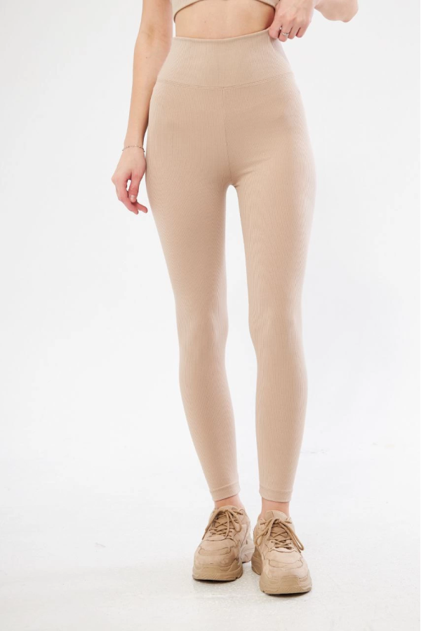 Kadın Fitilli Full Likralı Yüksek Bel Toparlayıcı Tayt Günlük ve Spor Kullanım - Bej