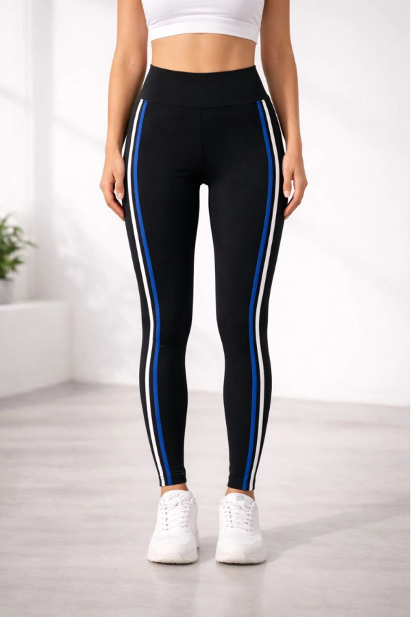 Kadın Likralı Yan Beyaz Mavi Şeritli Detaylı Tayt - Siyah