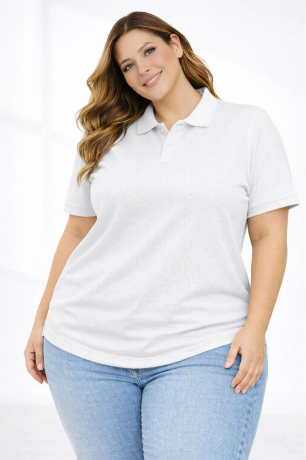 Kadın Pike Kumaş Düğmeli Yaka Battal Büyük Beden Günlük Kısa kol Tişört T-shirt - Beyaz