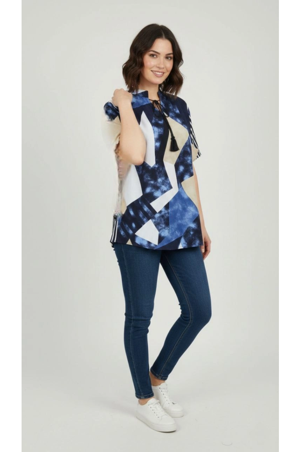 Kadın Desenli Püsküllü Viskon Bluz Bebe Yaka Kısa Kollu Big Size Rahat Kesim - Desenli