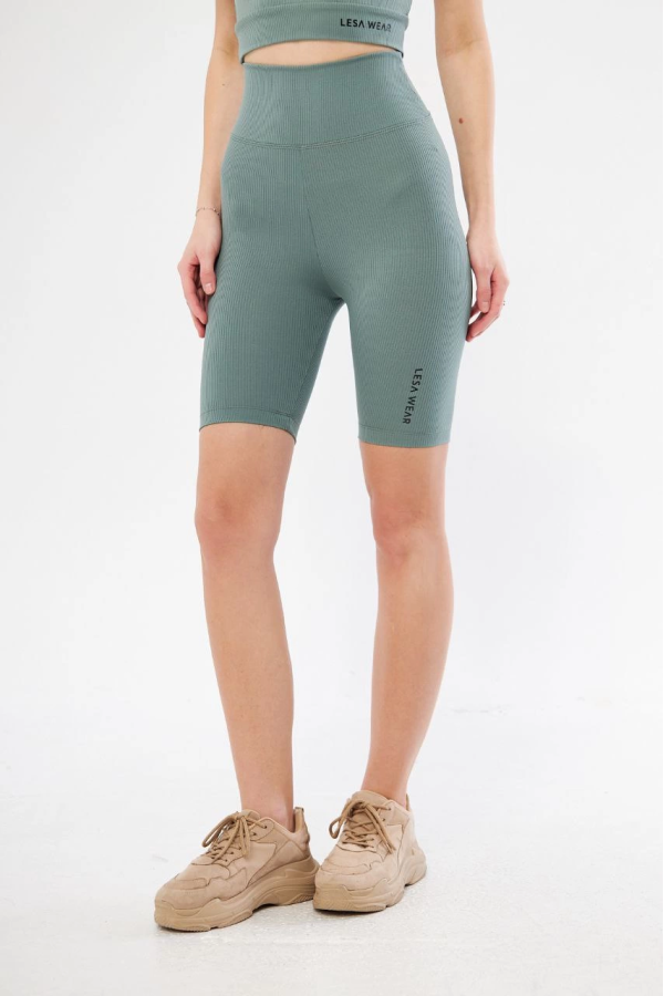 Yüksek Bel Fitilli Biker Baskılı Şort - Mint Yeşili