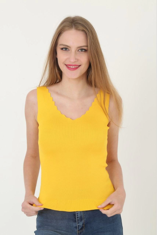 Bozza V Yaka Fırfır Detay Kadın Crop - Sarı