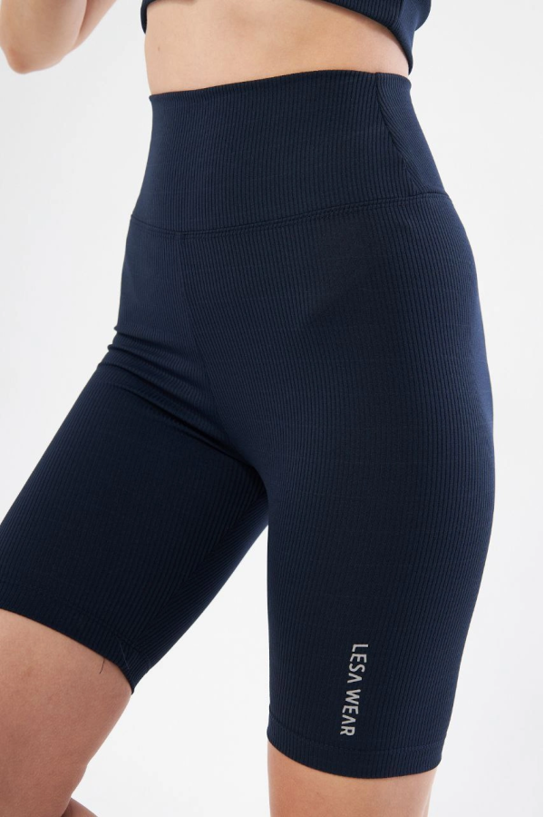 Yüksek Bel Fitilli Biker Baskılı Şort - Lacivert