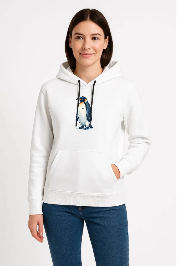 Kadın Oversize Hoodie - Sırt Baskılı Survivor Penguin Temalı, Felsefi Yazılı Kapüşonlu Sweatshirt - Beyaz
