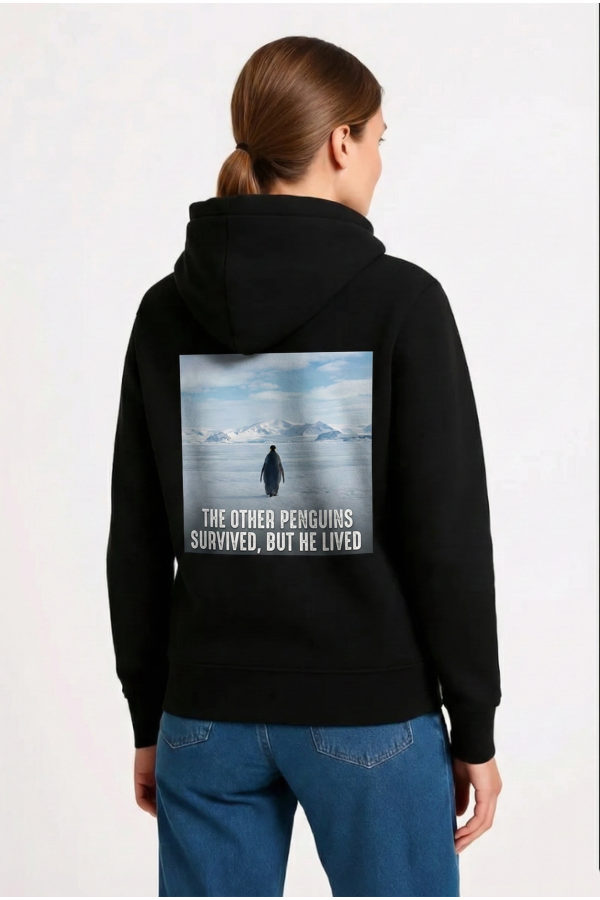Kadın Oversize Hoodie - Sırt Baskılı Survivor Penguin Temalı, Felsefi Yazılı Kapüşonlu Sweatshirt - Siyah