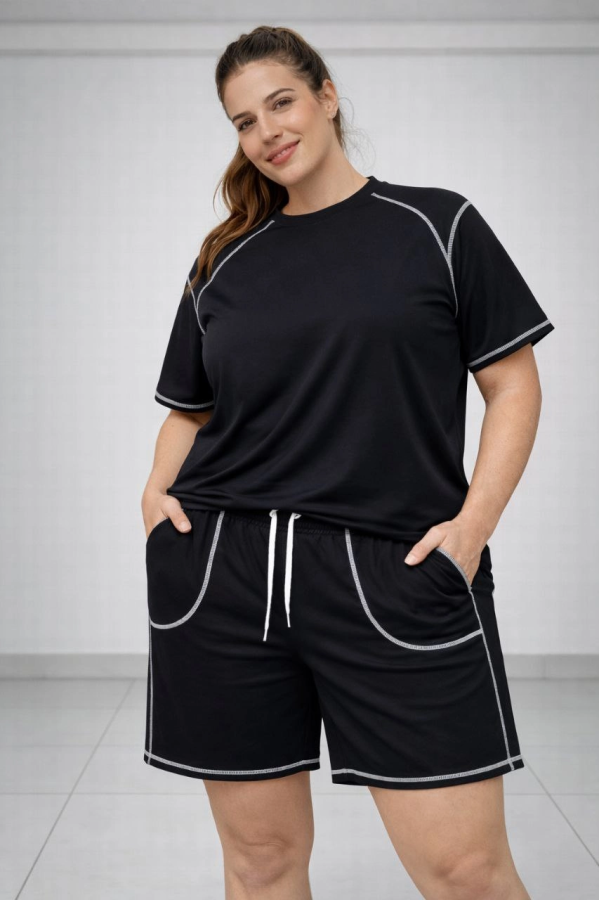 Kadın Battal Beden Kısa Kollu Tişört Şort Takım Kontrast Dikiş Detaylı Günlük Ev Giyimi - Siyah
