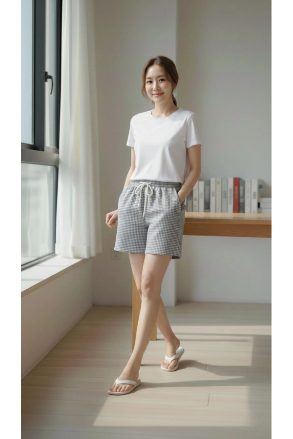 Kadın Pötikareli Şort – Beli Lastikli Bağcıklı, Cepli, Rahat Kesim Günlük Yazlık Şort - Füme