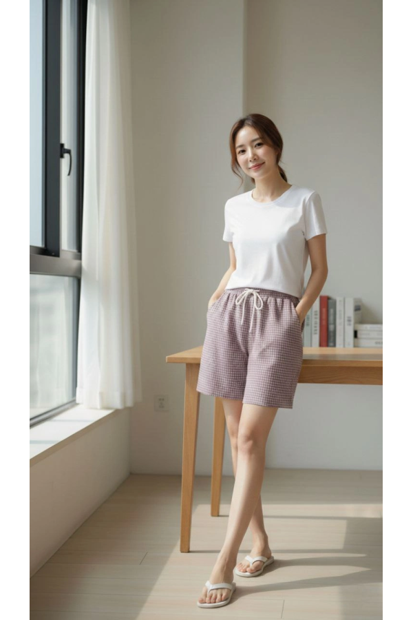 Kadın Pötikareli Şort – Beli Lastikli Bağcıklı, Cepli, Rahat Kesim Günlük Yazlık Şort - Gül Kurusu