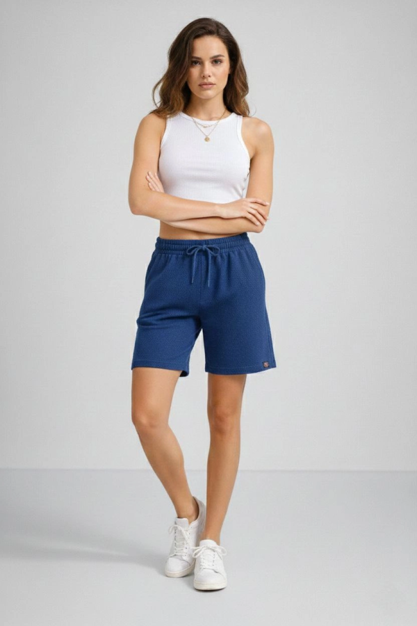 Kadın Dokuma otoban Şort Beli Lastikli Bağcıklı, Cepli, Rahat Kesim Günlük Yazlık Şort - İndigo