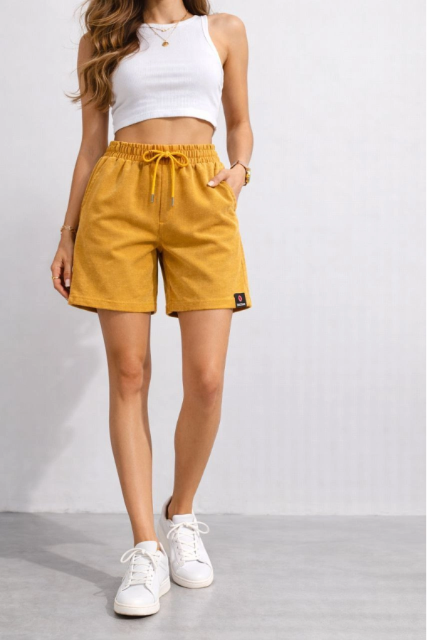 Kadın Dokuma otoban Şort Beli Lastikli Bağcıklı, Cepli, Rahat Kesim Günlük Yazlık Şort - Hardal