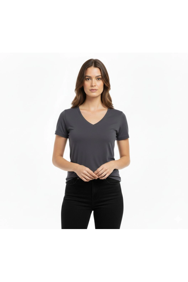Kadın T-Shirt V Yaka Slim Fit Likralı Tişört Günlük Basic Body - Füme