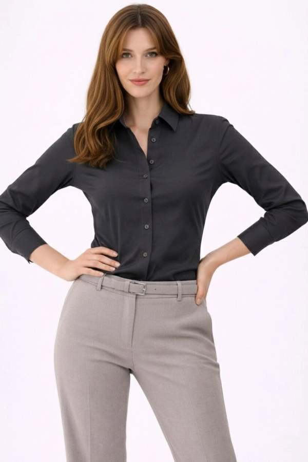 Kadın Uzun Kollu Gömlek Düğmeli Klasik Yaka Günlük ve Ofis Şıklığına uygun - Füme
