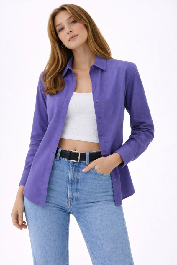 Kadın Uzun Kollu Gömlek Düğmeli Klasik Yaka Günlük ve Ofis Şıklığına uygun - Mor