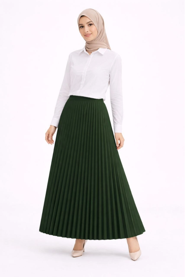 Tesettür Beyaz Gömlekli Pliseli Etek İkili Takım Gündelik ve Ofis Şıklığı - Çağla Yeşili