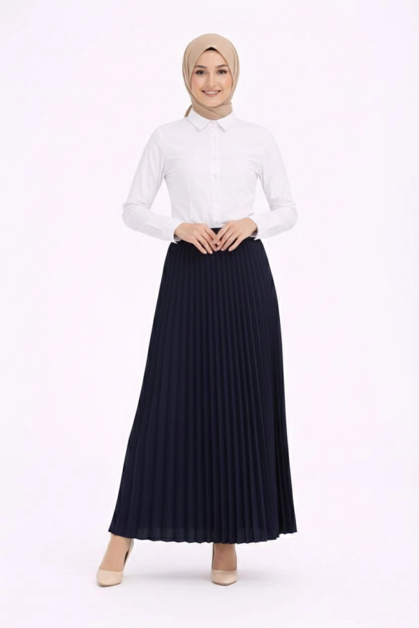 Sivela Lacivert Tesettür Beyaz Gömlekli Pliseli Etek İkili Takım - Gündelik ve Ofis Şıklığı
