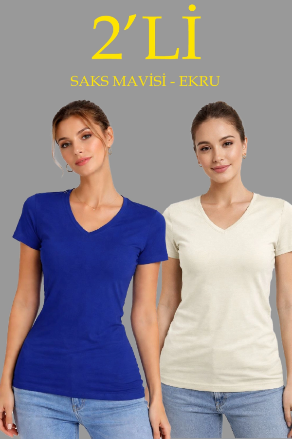 Kadın 2li V Yaka Tişört – Kısa Kollu Yazlık Slim Fit Body - Saks Mavisi  Ekru