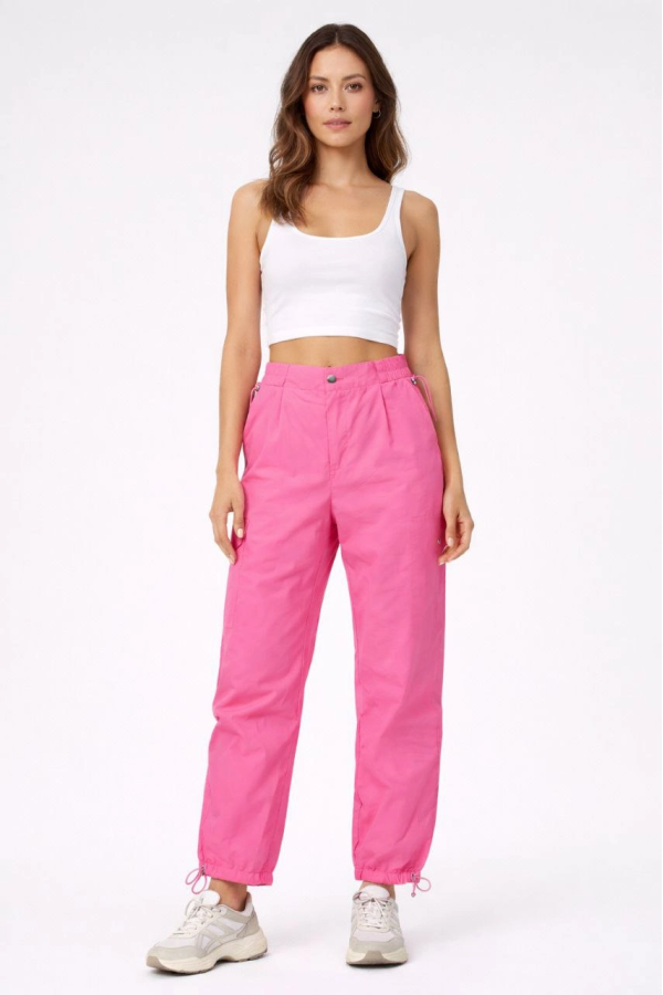Kadın Paraşüt Kumaş Pantolon Bel ve Paça Ayarlanabilir Lastikli Spor Pantolon - Pembe