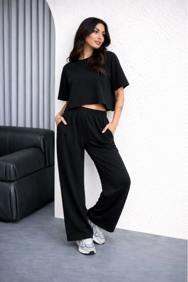 Kadın Osy Modal yumuşak dokulu Oversize İkili Takım Bol Paça Pantolonlu  Takım - Siyah