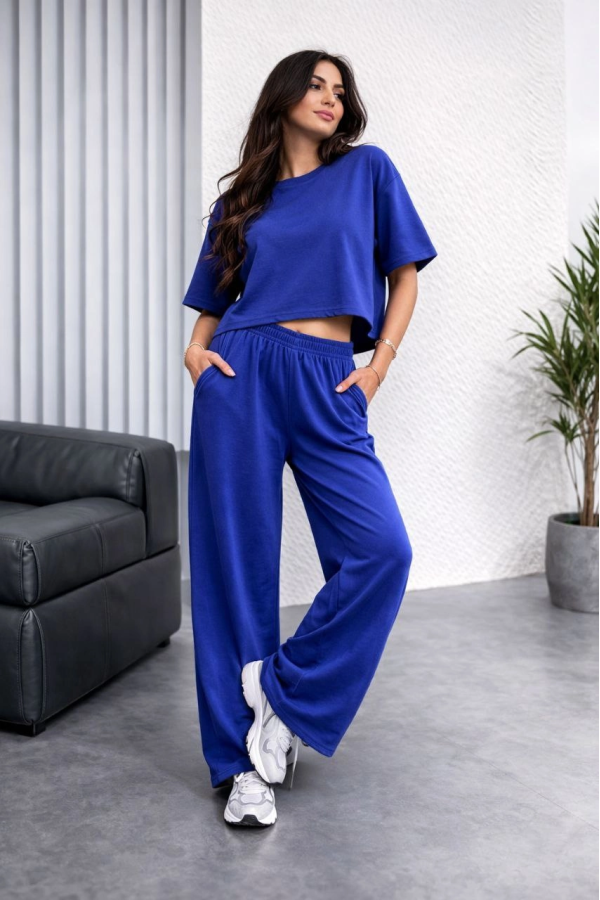 Kadın Osy Modal yumuşak dokulu Oversize İkili Takım Bol Paça Pantolonlu Takım - Saks Mavisi