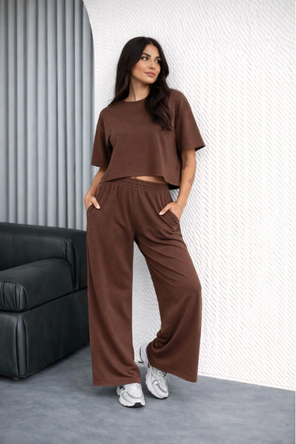 Kadın Osy Modal yumuşak dokulu  Oversize İkili Takım Bol Paça Pantolonlu  Takım - Kahverengi