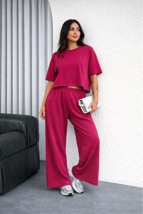 Kadın Osy Modal yumuşak dokulu Oversize İkili Takım Bol Paça Pantolonlu Takım - Fuşya