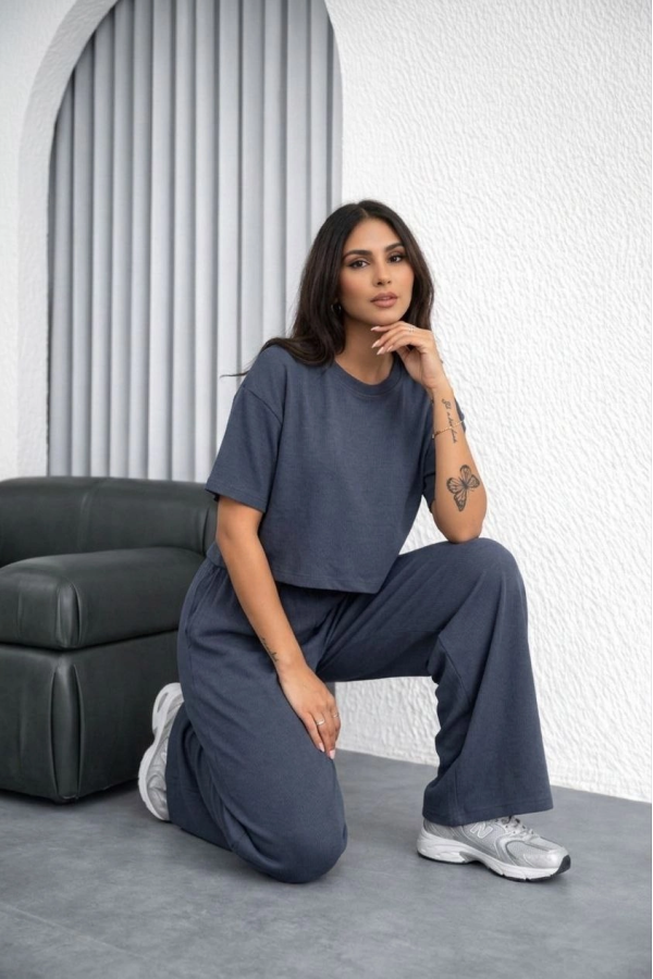 Kadın Osy Modal yumuşak dokulu Oversize İkili Takım Bol Paça Pantolonlu Takım - Füme