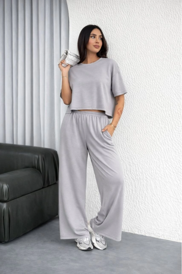 Kadın Osy Modal yumuşak dokulu Oversize İkili Takım Bol Paça Pantolonlu Takım - Gri