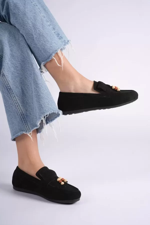 Brassel Kadın siyah Süet Boncuk Detaylı Püsküllü Loafer Ayakkabı Rahat Günlük