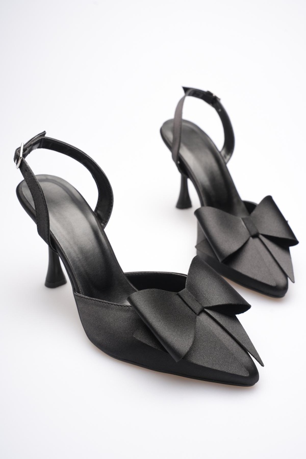 Kadın Siyah Fiyonklu Saten Slingback Topuklu Ayakkabı TR40MS01A