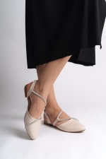 HANNAH Lastikli Ortopedik Rahat Taban Taş Detaylı Kadın Babet Ayakkabı KT Krem