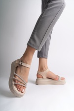 EVA Kalın Tokalı Taşlı Şeritli Ortopedik Taban Kadın Sandalet KT Krem