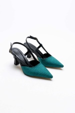 Liponis Yeşil Siyah Rahat Kalıp Kadın İnce Topuklu Ayakkabı